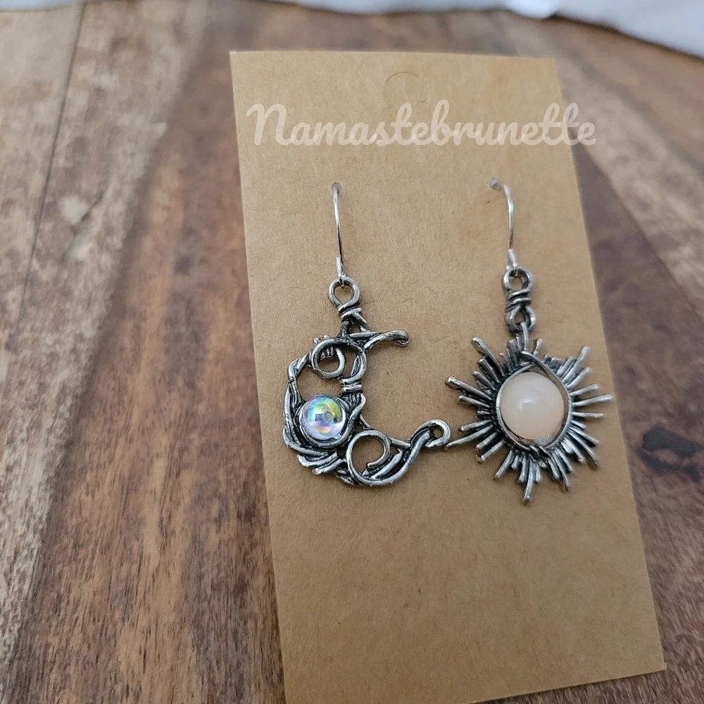 Sun & Moon Silver Wire Wrapped Stone Dangle Drop Earrings